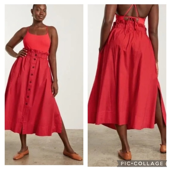 Evelane The Easy Red Button-Down Ruffled Waist Cotton Midi Skirt Size L - Picture 1 of 14